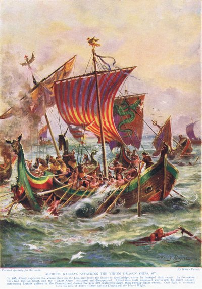 Le galee di Alfredo attaccano le navi drago vichinghe, 897 d.C., illustrazione da 